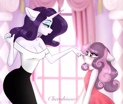 Size: 2048x1727 | Tagged: safe, artist:cherubisous, rarity, sweetie belle, unicorn, anthro, g4, :<, angry, boop, breasts, cleavage, clothes, cute, diasweetes, dress, female, floppy ears, lidded eyes, madorable, siblings, sisters, smiling, sweetie belle is not amused, top, unamused