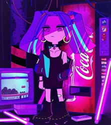 Size: 1436x1625 | Tagged: safe, artist:amazingpuffhair, aria blaze, human, equestria girls, g4, boots, choker, ear piercing, earring, hooped earrings, jewelry, looking at you, mario, nintendo entertainment system, piercing, shoes, solo, super mario bros., unamused, vending machine