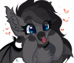 Size: 2568x2200 | Tagged: safe, artist:falafeljake, oc, oc only, oc:moonlight dusk, bat pony, pony, chest fluff, ear fluff, eye clipping through hair, eyebrows, eyebrows visible through hair, happy, heart, high res, raspberry, simple background, sketch, smiling, solo, spread wings, squishy cheeks, tongue out, white background, wings