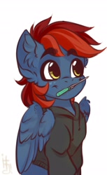 Size: 2200x3600 | Tagged: safe, artist:falafeljake, oc, oc only, oc:firewire, pegasus, pony, clothes, cute, ear fluff, eyebrows, eyebrows visible through hair, high res, hoodie, mouth hold, simple background, sketch, smiling, solo, white background