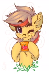 Size: 2098x3135 | Tagged: safe, artist:falafeljake, oc, oc only, earth pony, pony, chest fluff, cute, drinking straw, ear fluff, earth pony oc, eyebrows, eyebrows visible through hair, high res, juice, juice box, looking at you, ocbetes, one eye closed, sketch, smiling, solo, wink
