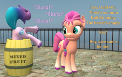 Size: 1718x1080 | Tagged: safe, artist:red4567, izzy moonbow, sunny starscout, earth pony, pony, unicorn, g5, 3d, atg 2022, barrel, braided ponytail, dialogue, duo, duo female, female, mare, newbie artist training grounds, silly, silly pony, slurp, source filmmaker, unshorn fetlocks