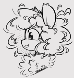 Size: 463x489 | Tagged: safe, artist:torridliner, oc, oc:frigid, pegasus, pony, black and white, bust, curly hair, ears up, fluffy, fluffy mane, grayscale, happy, monochrome, portrait, sketch, smiling, solo