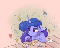 Size: 2000x1600 | Tagged: safe, artist:nedemai, oc, oc only, oc:nedi, insect, ladybug, pony, unicorn, atg 2022, floppy ears, flower, horn, leaning, newbie artist training grounds, notebook, pencil, solo