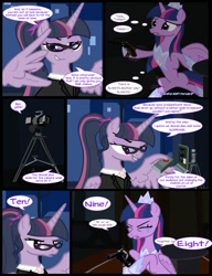 Size: 1042x1358 | Tagged: safe, artist:dendoctor, mean twilight sparkle, twilight sparkle, alicorn, pony, comic:clone.., g4, the last problem, alternate universe, clone, clothes, comic, computer, countdown, crying, detonator, female, glasses, gun, laptop computer, older, older twilight, older twilight sparkle (alicorn), princess twilight 2.0, self paradox, self ponidox, twilight sparkle (alicorn), weapon, wing hands, wings