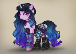 Size: 3508x2480 | Tagged: safe, artist:taytinabelle, izzy moonbow, pony, unicorn, g5, boots, buckle, chest fluff, choker, clothes, corset, ear fluff, ear piercing, earring, eyeshadow, female, fishnet clothing, fishnet stockings, goth, goth izzy, gradient background, headband, high res, hot topic, jewelry, looking at you, makeup, mare, necklace, open mouth, piercing, plaid skirt, platform boots, raised hoof, scene, shoes, simple background, skirt, solo, spiked headband, studded bracelet, tan background, wristband