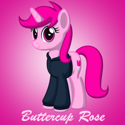 Size: 2000x2000 | Tagged: safe, artist:spacegirlss12, oc, oc only, oc:buttercup rose, pony, unicorn, clothes, female, high res, hoodie, horn, looking at you, mare, pink background, pink body, pink eyes, pink mane, show accurate, simple background, smiling, smiling at you, solo, text, unicorn oc