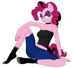 Size: 4840x4518 | Tagged: safe, artist:lexx disaster, pinkie pie, earth pony, anthro, g4, bare shoulders, blue eyes, bracelet, choker, clothes, denim, denim shorts, eyeshadow, female, gothic pinkie, jewelry, looking at you, makeup, nail polish, pink hair, pink mane, shorts, simple background, socks, solo, transparent background, tube top