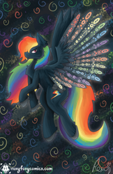 Size: 1650x2550 | Tagged: safe, artist:roxythefoxy, rainbow dash, pegasus, pony, g4, black coat, colored wings, multicolored wings, rainbow wings, solo, spiral, spread wings, wings