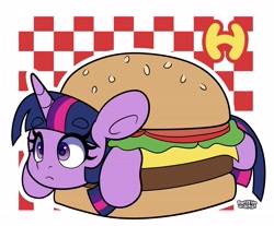 Size: 4000x3315 | Tagged: safe, artist:partypievt, twilight sparkle, pony, unicorn, g4, burger, cheeseburger, female, food, h, hamburger, mare, ponies in food, solo, twilight burgkle, unicorn twilight