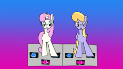 Size: 1920x1080 | Tagged: safe, artist:platinumdrop, cloud kicker, twinkleshine, pegasus, pony, unicorn, g4, dance dance revolution, dancing, duo, female, gradient background, mare, request