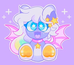Size: 2048x1792 | Tagged: safe, artist:swirlseypop, oc, oc only, bat pony, pony, bat pony oc, bat wings, commission, looking at you, open mouth, open smile, purple background, simple background, smiling, smiling at you, solo, spread wings, starry eyes, stars, underhoof, wingding eyes, wings, ych result