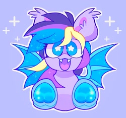 Size: 2048x1918 | Tagged: safe, artist:swirlseypop, oc, oc only, oc:moonlight waves, bat pony, pony, bat pony oc, bat wings, commission, fangs, looking at you, open mouth, open smile, purple background, simple background, smiling, smiling at you, solo, spread wings, starry eyes, underhoof, wingding eyes, wings, ych result