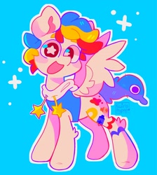 Size: 1838x2048 | Tagged: safe, artist:swirlseypop, oc, oc only, pegasus, pony, blue background, clothes, looking at you, open mouth, open smile, pegasus oc, simple background, smiling, smiling at you, spread wings, starry eyes, stars, wingding eyes, wings