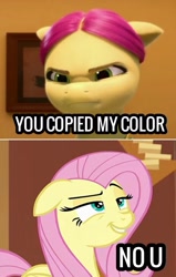 Size: 1237x1946 | Tagged: safe, edit, edited screencap, screencap, fluttershy, posey bloom, pegasus, pony, dungeons and discords, g4, g5, my little pony: make your mark, my little pony: make your mark chapter 1, spoiler:my little pony: make your mark, floppy ears, no u, smug, unamused