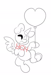 Size: 1404x2048 | Tagged: safe, artist:swirlseypop, oc, oc only, pony, balloon, commission, heart, heart balloon, horn, looking at you, one eye closed, open mouth, open smile, simple background, smiling, smiling at you, solo, spread wings, underhoof, white background, wings, wink, winking at you, your character here