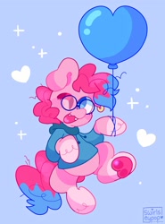 Size: 1512x2048 | Tagged: safe, artist:swirlseypop, oc, oc only, earth pony, pony, balloon, blue background, commission, earth pony oc, fangs, heart, heart balloon, looking at you, one eye closed, open mouth, open smile, simple background, smiling, smiling at you, solo, underhoof, wink, winking at you, your character here