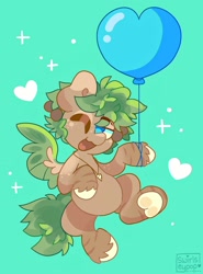 Size: 1512x2048 | Tagged: safe, artist:swirlseypop, oc, oc only, pegasus, pony, balloon, commission, green background, heart, heart balloon, jewelry, looking at you, necklace, one eye closed, open mouth, open smile, pegasus oc, simple background, smiling, smiling at you, solo, underhoof, wink, winking at you, your character here