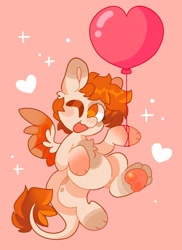 Size: 1492x2048 | Tagged: safe, artist:swirlseypop, oc, oc only, pegasus, pony, balloon, chest fluff, commission, heart, heart balloon, leonine tail, looking at you, one eye closed, open mouth, open smile, pegasus oc, simple background, smiling, smiling at you, solo, spread wings, tail, underhoof, wings, wink, winking at you, your character here