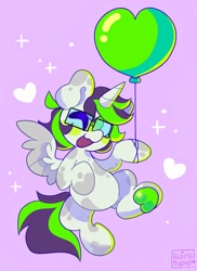 Size: 1490x2048 | Tagged: safe, artist:swirlseypop, oc, oc only, alicorn, pony, alicorn oc, balloon, commission, glasses, heart, heart balloon, horn, looking at you, one eye closed, open mouth, open smile, purple background, simple background, smiling, smiling at you, solo, spread wings, underhoof, wings, wink, winking at you, your character here