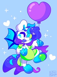 Size: 1518x2048 | Tagged: safe, artist:swirlseypop, oc, oc only, bat pony, pony, balloon, bat pony oc, bat wings, blue background, commission, fangs, heart, heart balloon, looking at you, one eye closed, open mouth, open smile, simple background, smiling, smiling at you, solo, spread wings, underhoof, wings, wink, winking at you, your character here