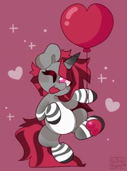 Size: 1522x2048 | Tagged: safe, artist:swirlseypop, oc, oc only, pony, unicorn, balloon, commission, heart, heart balloon, horn, looking at you, one eye closed, open mouth, open smile, red background, simple background, smiling, smiling at you, solo, underhoof, unicorn oc, white belly, wink, winking at you, your character here