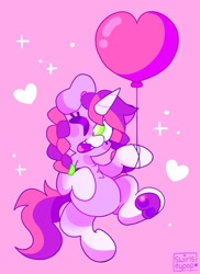 Size: 1488x2048 | Tagged: safe, artist:swirlseypop, oc, oc only, oc:bloom moonbeam, pony, unicorn, balloon, commission, fangs, heart, heart balloon, horn, looking at you, one eye closed, open mouth, open smile, pink background, simple background, smiling, smiling at you, solo, underhoof, unicorn oc, wink, winking at you, your character here