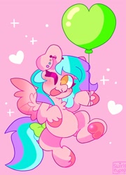Size: 1478x2048 | Tagged: safe, artist:swirlseypop, oc, oc only, pegasus, pony, balloon, commission, ear piercing, heart, heart balloon, looking at you, nose piercing, one eye closed, open mouth, open smile, pegasus oc, piercing, pink background, simple background, smiling, smiling at you, solo, spread wings, underhoof, wings, wink, winking at you, your character here