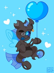 Size: 1522x2048 | Tagged: safe, artist:swirlseypop, oc, oc only, changeling, pony, balloon, blue background, changeling oc, chest fluff, commission, fangs, glasses, heart, heart balloon, horn, looking at you, one eye closed, open mouth, open smile, simple background, smiling, smiling at you, solo, underhoof, wings, wink, winking at you, your character here