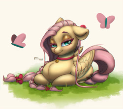 Size: 1200x1067 | Tagged: safe, artist:inkypuso, fluttershy, butterfly, insect, ladybug, pegasus, pony, g4, alternate hairstyle, bedroom eyes, behaving like a cat, bell, bell collar, braid, cat bell, collar, cute, folded wings, grass, lying, ponyloaf, prone, shyabetes, wings
