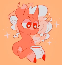 Size: 1932x2048 | Tagged: safe, artist:swirlseypop, oc, oc only, pony, unicorn, chest fluff, cup, doodle, drink, female, hat, hoof hold, horn, looking at something, mare, simple background, solo, starry eyes, steam, unicorn oc, wingding eyes