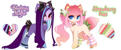 Size: 5000x2082 | Tagged: safe, artist:xsatanielx, oc, oc only, oc:blueberry muffin, oc:strawberry kiss, pony, rcf community, blue eyes, bow, clothes, collar, female, flower, flower in hair, food, mare, piercing, simple background, stockings, strawberry, thigh highs, white background