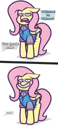 Size: 3333x7271 | Tagged: safe, artist:threetwotwo32232, fluttershy, pegasus, pony, g4, ..., 2 panel comic, comic, female, fluttertroll, forced smile, grin, mare, offscreen character, open mouth, simple background, smiling, solo, transparent background, walmart