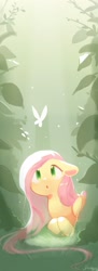 Size: 800x2204 | Tagged: safe, artist:dreamsugar, fluttershy, butterfly, pegasus, pony, g4, crepuscular rays, cute, daaaaaaaaaaaw, female, floppy ears, folded wings, forest, looking at something, looking up, lying down, mare, open mouth, outdoors, prone, shyabetes, solo, sunlight, vertical, wings