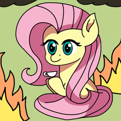 Size: 2000x2000 | Tagged: safe, artist:artevi, fluttershy, pegasus, pony, g4, atg 2022, cup, fire, high res, newbie artist training grounds, solo, teacup, this is fine