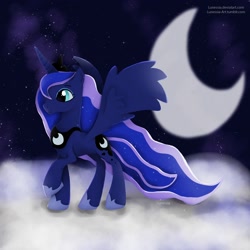 Size: 2000x2000 | Tagged: safe, artist:nnaly, princess luna, alicorn, pony, g4, cloud, crescent moon, ethereal mane, ethereal tail, high res, hoof shoes, jewelry, long mane, moon, on a cloud, peytral, princess shoes, regalia, slender, solo, spread wings, standing on a cloud, starry mane, starry tail, tail, thin, wings
