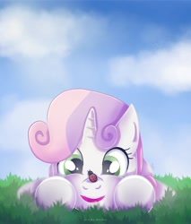 Size: 2650x3108 | Tagged: safe, artist:nnaly, sweetie belle, insect, ladybug, pony, unicorn, g4, cloud, cute, daaaaaaaaaaaw, diasweetes, female, filly, foal, grass, happy, high res, insect on nose, lying down, open mouth, open smile, prone, smiling, solo, underhoof, uvula, weapons-grade cute