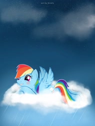 Size: 2000x2635 | Tagged: safe, artist:nnaly, rainbow dash, pegasus, pony, g4, backwards cutie mark, cloud, grin, high res, lying down, lying on a cloud, on a cloud, smiling, solo