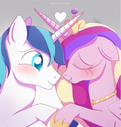 Size: 2000x2104 | Tagged: safe, artist:nnaly, princess cadance, shining armor, alicorn, pony, unicorn, g4, female, floating heart, heart, high res, holding hooves, husband and wife, male, ship:shiningcadance, shipping, straight