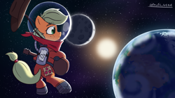 Size: 3840x2160 | Tagged: safe, artist:d3f4ult_4rt1st, applejack, earth pony, pony, g4, applejack's hat, astrojack, astronaut, bandana, cowboy hat, earth, guitar, hat, high res, moon, musical instrument, oxygen tank, solo, space, space helmet, spacesuit, stars, sun