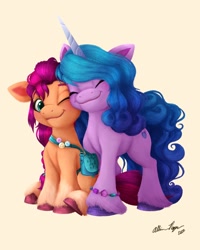 Size: 1080x1350 | Tagged: safe, artist:allisonpopick, izzy moonbow, sunny starscout, earth pony, pony, unicorn, g5, cute, duo, eyes closed, female, izzybetes, lesbian, mare, nuzzling, one eye closed, ship:moonscout, shipping, simple background, sunnybetes
