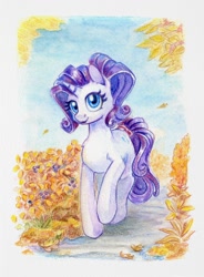 Size: 884x1200 | Tagged: safe, artist:maytee, rarity, pony, unicorn, g4, autumn, colored pencil drawing, cute, female, horn, leaves, mare, raribetes, solo, traditional art, walking