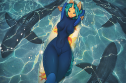 Size: 3200x2100 | Tagged: safe, artist:mashiro, oc, oc only, oc:depth chaser, shark, unicorn, anthro, arm behind head, belly button, breasts, crotch bulge, futa, futa oc, high res, horn, intersex, looking at you, ocean, solo, sunset shimmer's cutie mark, surfboard, water, wetsuit