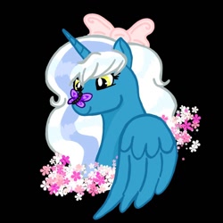 Size: 1000x1000 | Tagged: safe, artist:moonprincesskitty90, oc, oc:fleurbelle, alicorn, butterfly, pony, alicorn oc, black background, bow, butterfly on nose, female, flower, hair bow, horn, insect on nose, mare, simple background, wings, yellow eyes