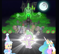 Size: 1315x1218 | Tagged: safe, artist:boogeyboy1, applejack, flam, flim, fluttershy, iron will, lightning dust, lord tirek, megan williams, pinkie pie, princess celestia, queen chrysalis, rainbow dash, rarity, spike, sunset shimmer, twilight sparkle, dragon, human, mermaid, g4, season 6, animal costume, applelion, brothers, chicken suit, clothes, costume, flim flam brothers, flutterbat costume, halloween, halloween costume, haunted house, holiday, mane six, mermarity, poster, princess, scary, shadowbolt dash, shocked, siblings, spooky, star swirl the bearded costume, surprised, winged spike, wings