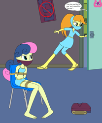 Size: 2230x2690 | Tagged: safe, artist:author92, bon bon, sweetie drops, oc, oc:joule, human, equestria girls, g4, angry, bikini, bon bon is not amused, bondage, bound and gagged, brightly colored ninjas, chair, cloth gag, clothes, gag, glare, high res, ninja, rope, rope bondage, ropes, sneaking, speech bubble, swimsuit, tied to chair, tied up, unamused