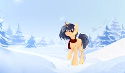 Size: 2500x1474 | Tagged: safe, artist:kutoshi, oc, oc only, pony, unicorn, chest fluff, clothes, ear fluff, female, forest background, mare, scarf, snow, solo, winter