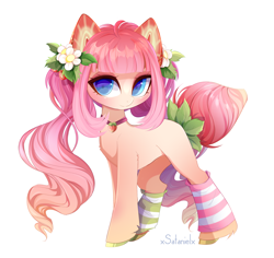 Size: 2210x2082 | Tagged: safe, artist:xsatanielx, oc, oc only, oc:strawberry kiss, pony, rcf community, blue eyes, clothes, female, flower, flower in hair, food, high res, mare, simple background, solo, stockings, strawberry, thigh highs, white background