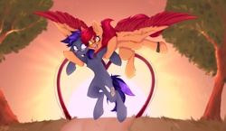 Size: 4000x2316 | Tagged: safe, artist:kutoshi, oc, earth pony, pegasus, pony, carrying, duo, glasses, sun, tree