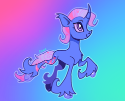 Size: 640x514 | Tagged: safe, artist:licketydoodlez, trixie, pony, unicorn, g4, abstract background, alternate design, curved horn, female, horn, mare, solo, tail, unshorn fetlocks